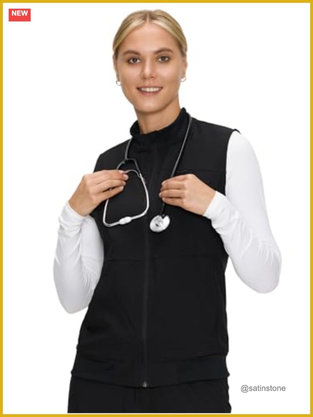 Women's Scrub Vest for Healthcare with 3 Pockets, Stretch Polyester, Sleeveless